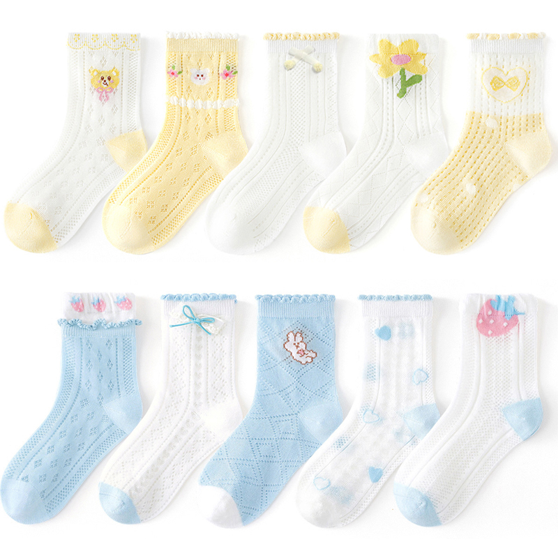 5 ペア綿子供メッシュ靴下ソフト薄型夏靴下キッズベビーキャンディカラー靴下女の子通気性花カジュアルかわいい Socken