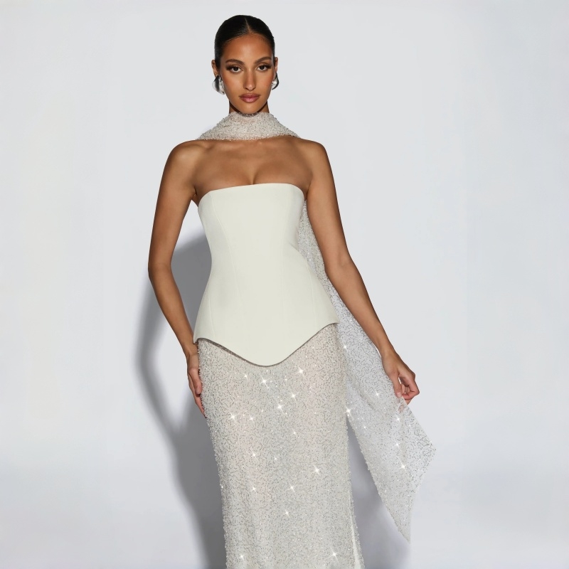 ストラップレス シャイニー グリッター プロムドレス マーメイド レースアップ Vestidos De Noiva フロアレングス ノースリーブ イブニングドレス パーティー フォーマル