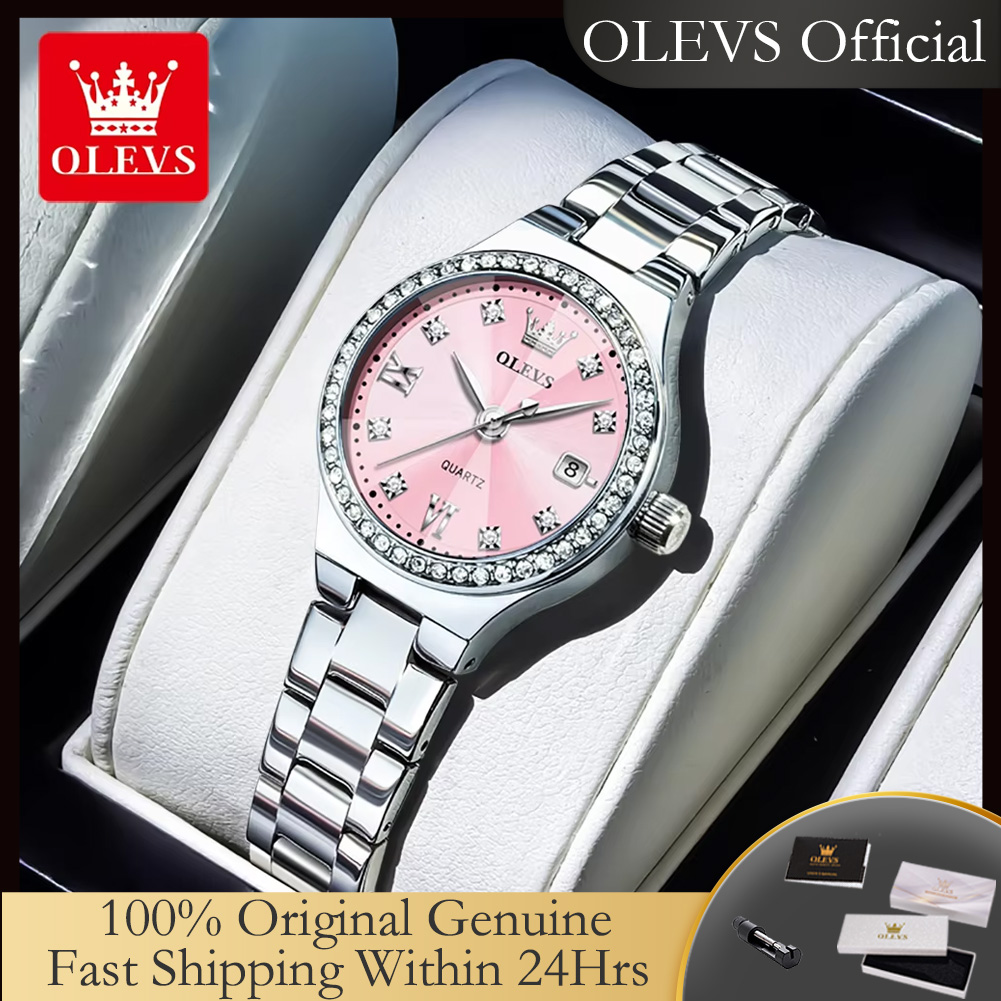 OLEVS 新 5628 クォーツ時計女性のためのスチールストラップジルコンベゼル自動日付防水菱形ミラーオリジナルレディースドレスウォッチ