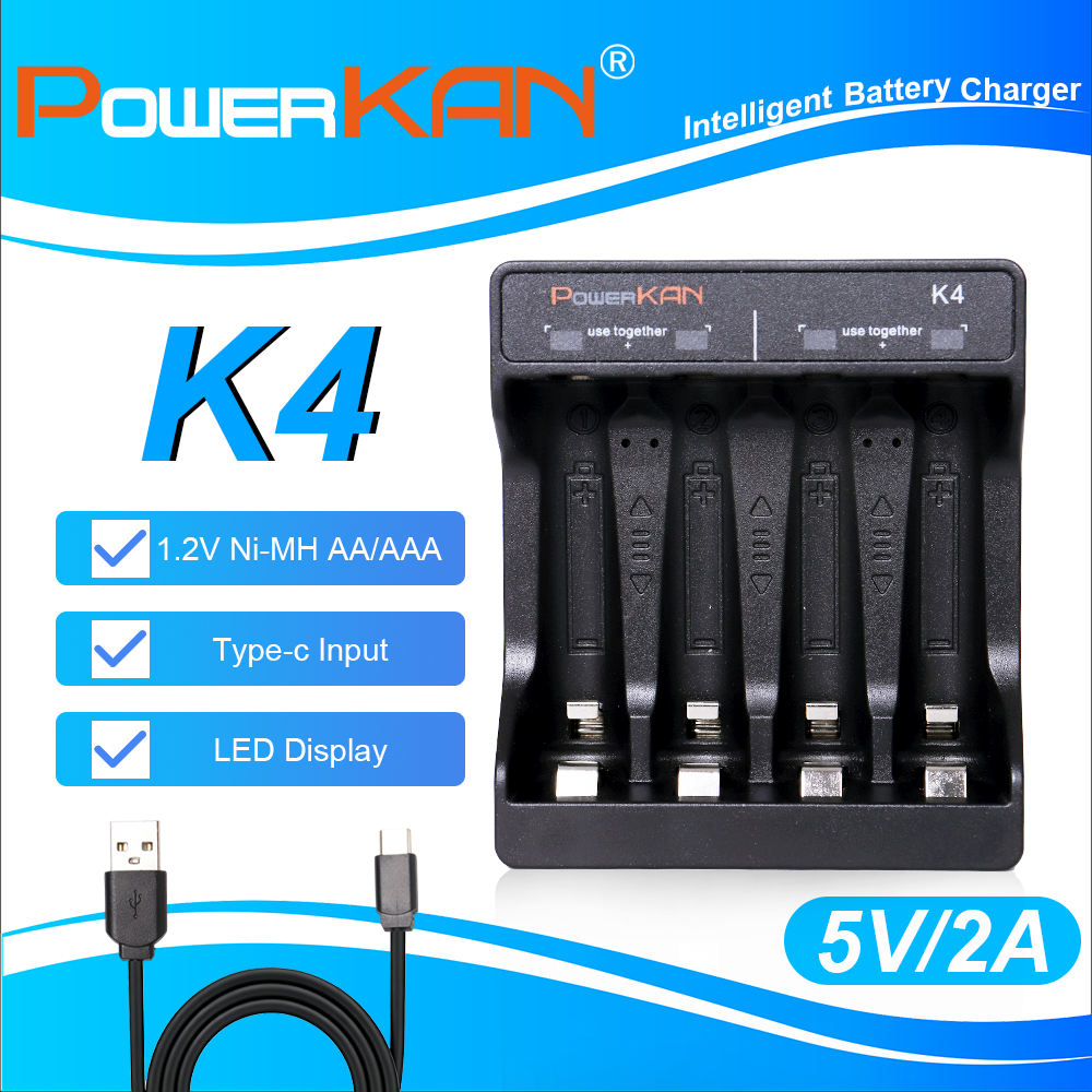 POWERKAN K4 スマートバッテリー充電器 LED ディスプレイ 1.2V AA AAA NiMH 充電式電池用 4 ベイ USB-C ケーブル