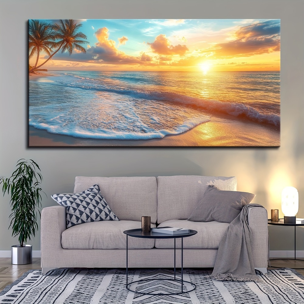 厚さ1.5インチのパイン無垢材フレーム、自然風景キャンバス壁画、海の夕日の海岸風景ビーチ写真の壁の装飾。
