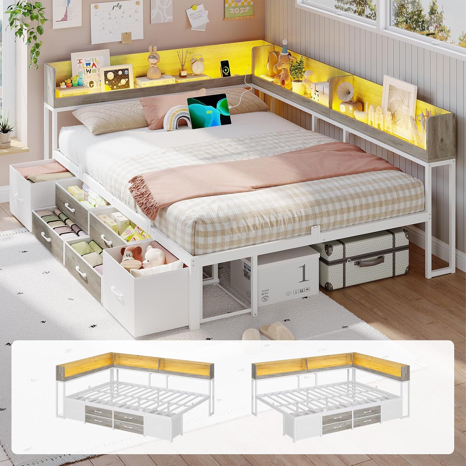 コーナーベッドフレーム収納本棚6引き出しLED充電ステーションティーンルームホワイトグレー、カスタマイズ