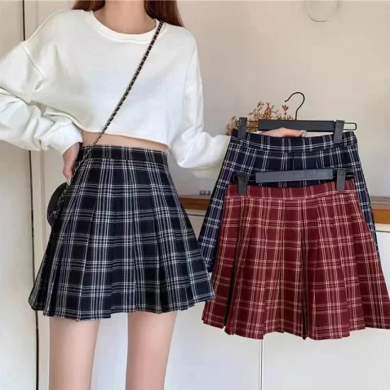 2024 女性のファッション韓国スタイル JK ミニスカート女の子レッドグレーチェック柄ドレス女性多用途 A ラインジッパープリーツスカート