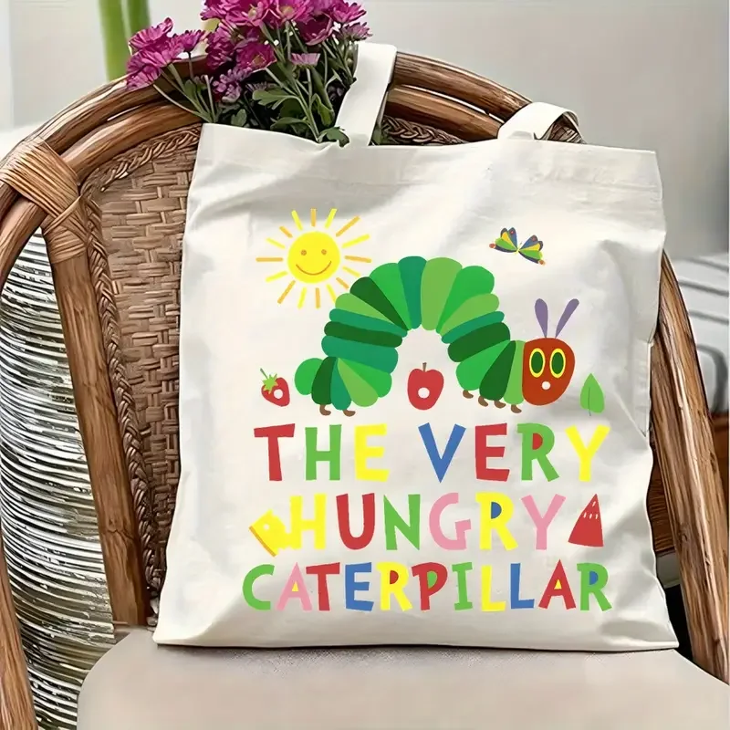 The Very Hungry for CATERPILLAR トートバッグ 耐久性 洗濯可能 再利用可能 ショッピングバッグ 鮮やかな本からインスピレーションを得たデザインのショッピングバッグ