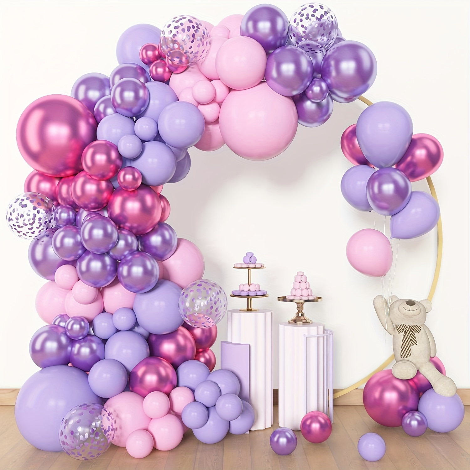 147個のバルーンガーランドアーチセット、ピンクとパープル、誕生日やブリダなどのお祝いにピンク、パープル、レッド、メタリック紙吹雪の様々なサイズのバルーン(18、12、10、5インチ)が特徴です。