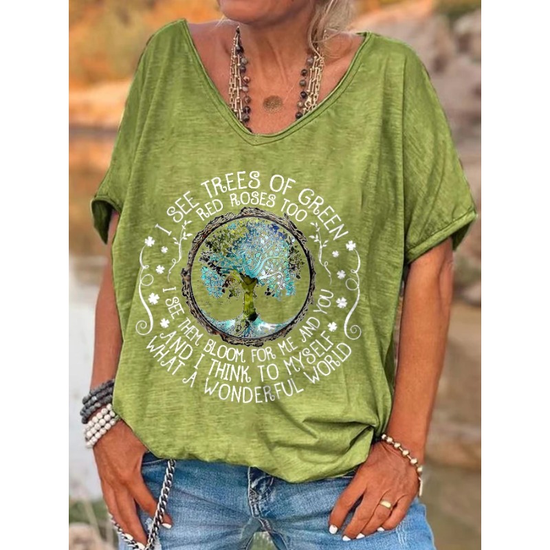 ilstile 女性の V ネックヒッピー What A Wonderful World プリント Tシャツ夏半袖女性服トップスカジュアル Tシャツ