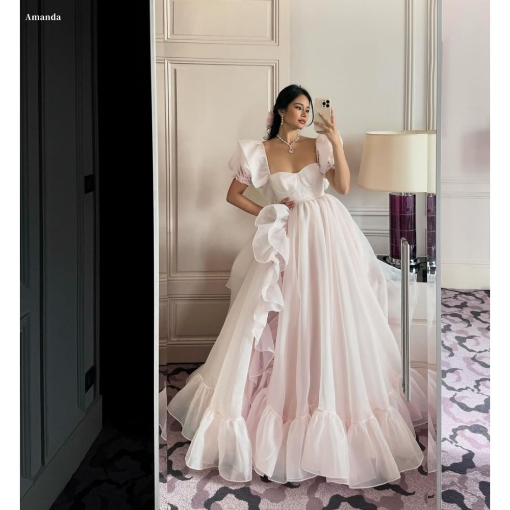 アマンダ カスタマイズ ピンク ストラップレス スクエアカラー プロムドレス Aライン オーガンザ Vestidos de noche マキシレングス フォーマルイブニング 2025