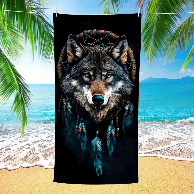 Native Wolf Dreamcatcher Beach Towel Wild Wolf Head Turquoise Feather Tribal Art Print Soft Absorbent Quick Dry Beach Blanket