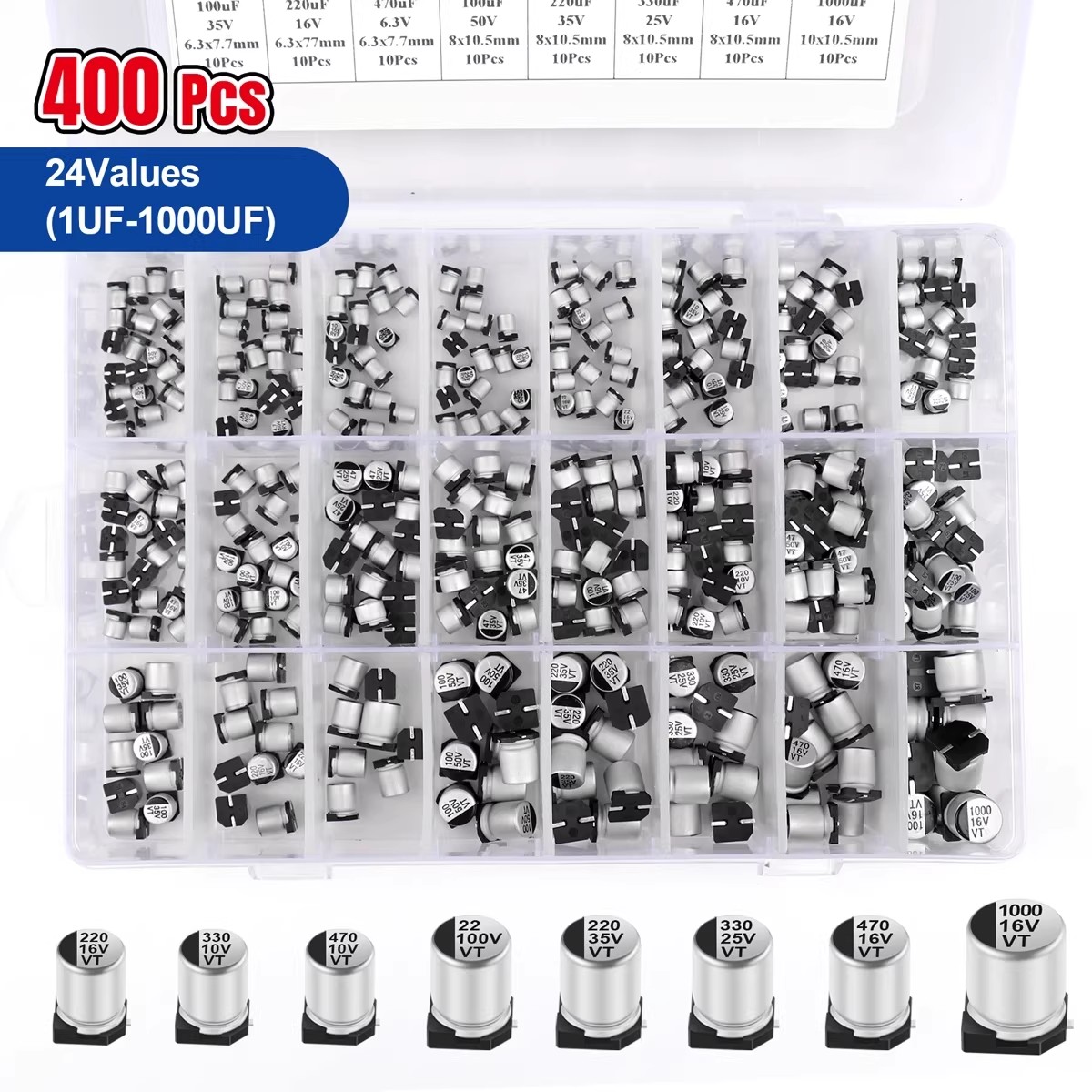 400個 SMDパッチ アルミ電解コンデンサキット 1uF～1000uF 24種類仕様 SMDパッチキット