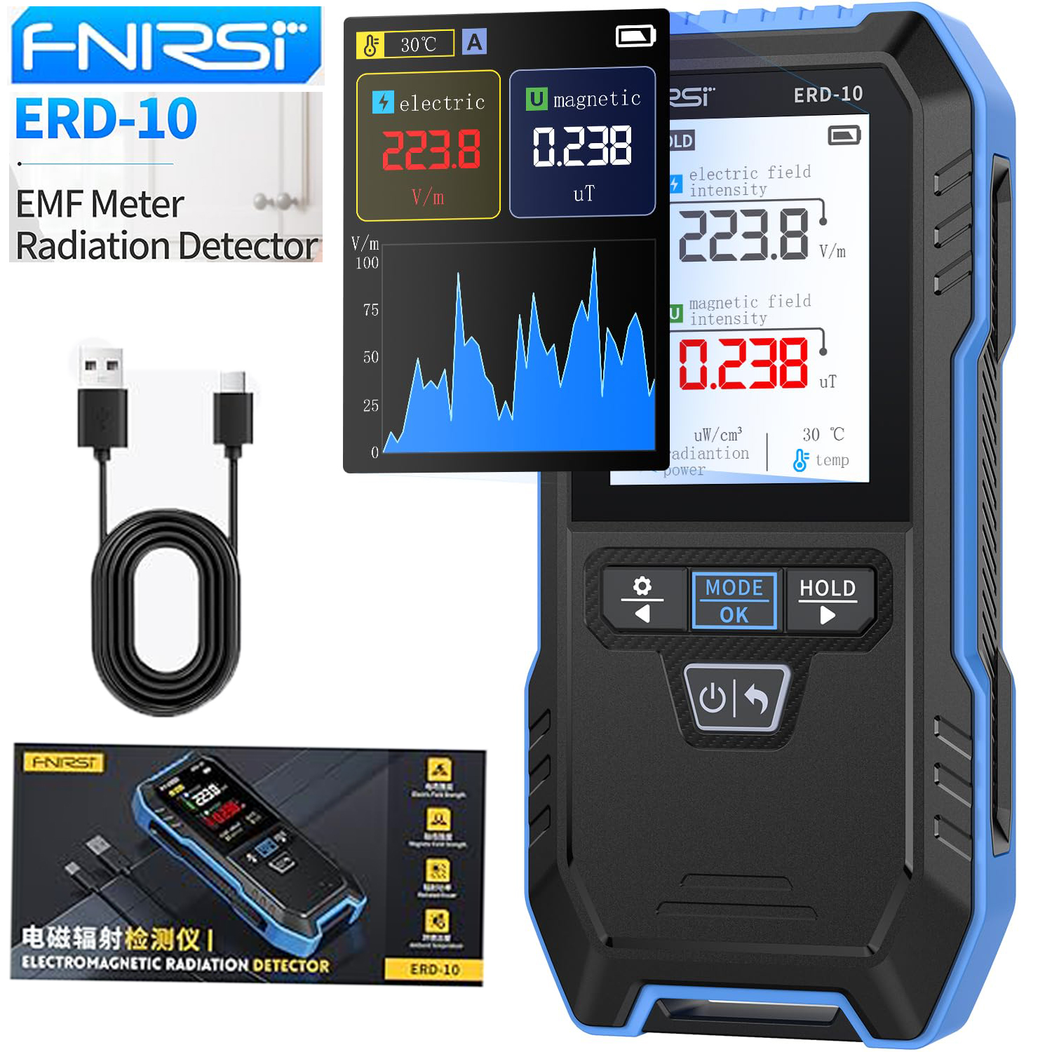 FNIRSI ERD-10 EMF 検出器、カーブモード付き 4 in 1 EMF 放射計、EMF リーダー電磁界無線周波数検出器