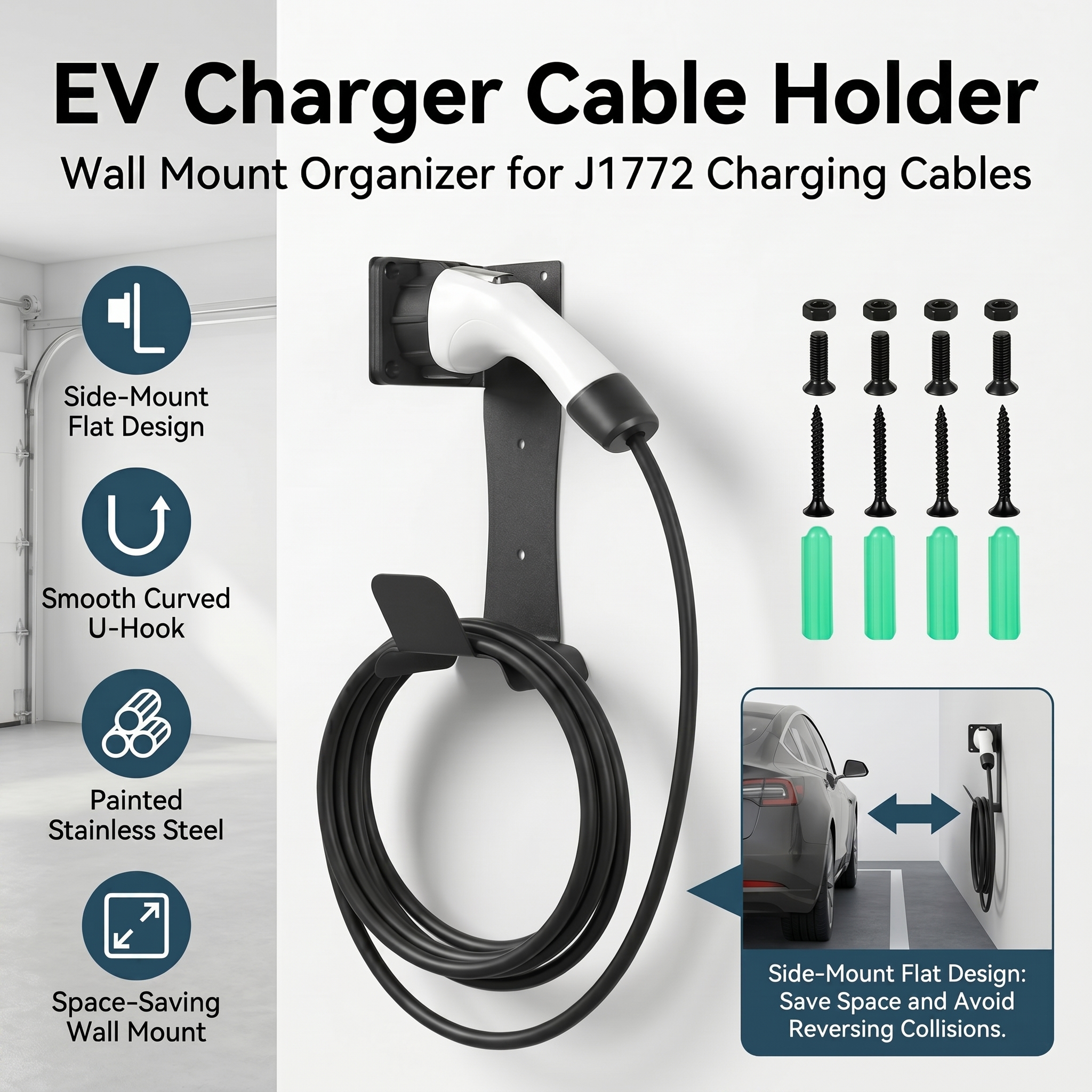 EV 充電器ケーブルオーガナイザーステンレス鋼 J1772 充電器ホルダーアンチスクラッチスムーズ U フックサイドマウント壁ブラケットガレージ保管