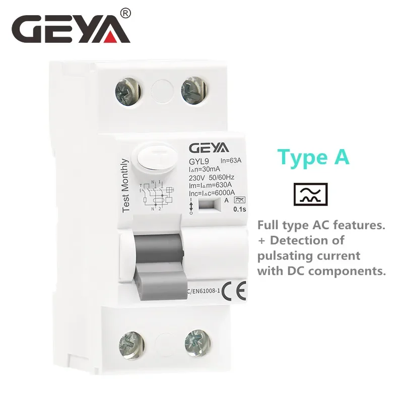 GEYA GYL9 タイプ A 電磁 RCD 残留電流サーキットブレーカ AC ELCB 2 極 40A 63A 30mA 100mA 300mA RCCB 1P N
