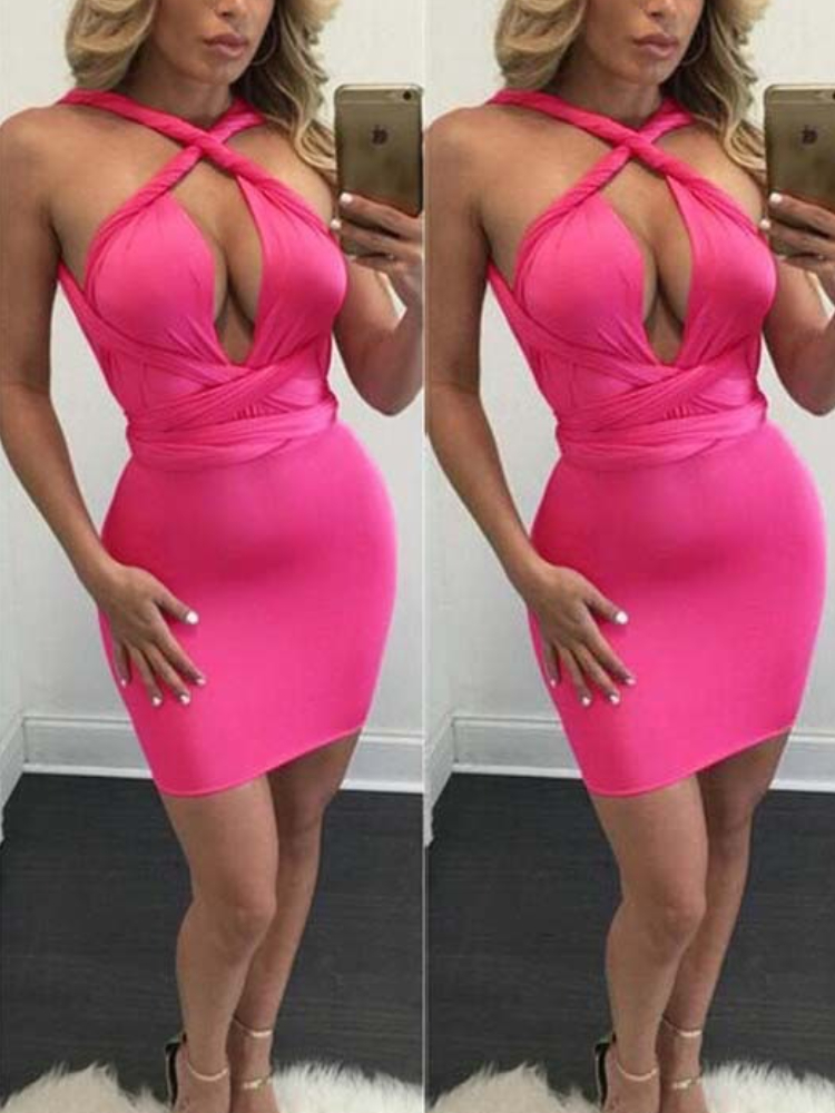 セクシーなディープ V ネックラップ胸背中の開いたスリムボディコンドレス女性ノースリーブクロス包帯スキニーイブニングドレスクラブパーティー