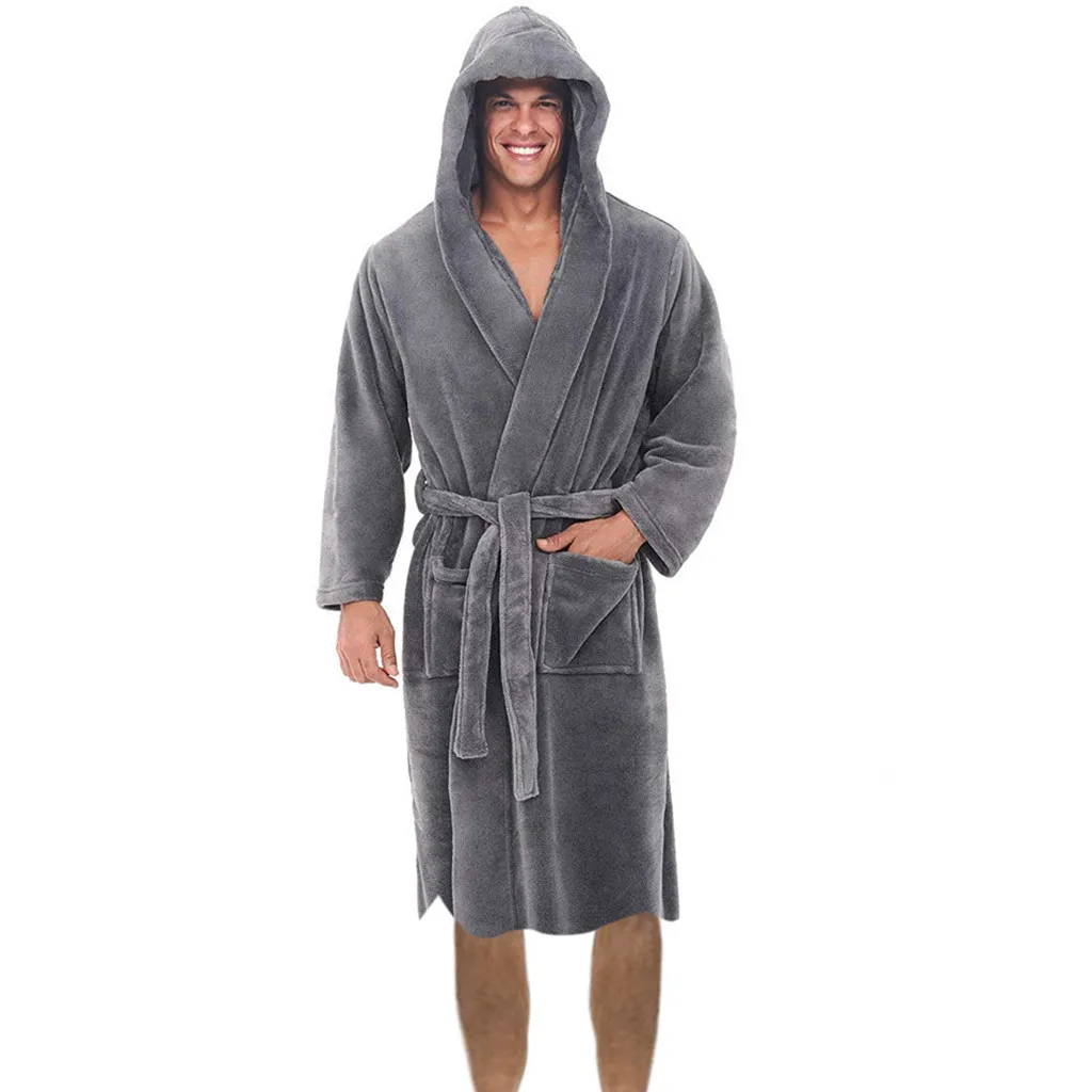 Men Long Bath Robe Home Gown Sleepwear Nightgown Solid Color Fall Winter Fleece Warm Long Robe Pajamas Anti-freeze