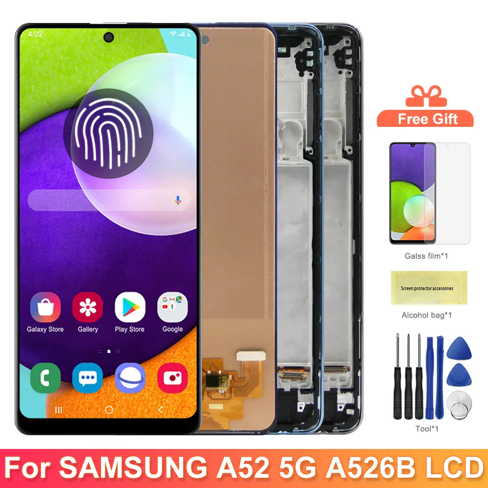 AMOLED A52 5G スクリーンとフレーム付きサムスンギャラクシー A52 5G A526B A526B/DS LCD ディスプレイタッチスクリーンデジタイザ交換用
