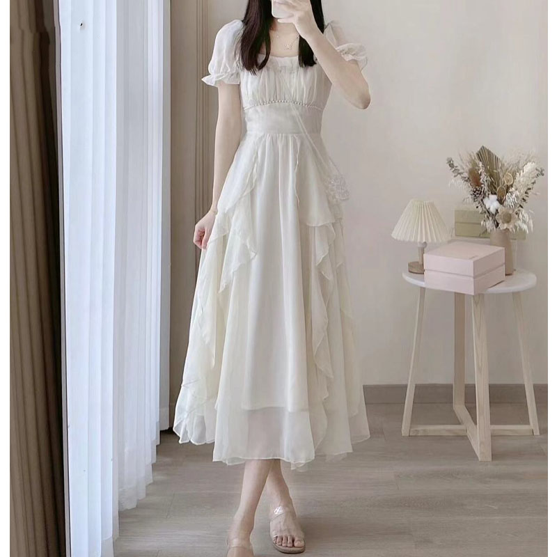 エレガントな韓国固体スクエアカラードレス婦人服夏のファッション気質フリルスプライシング妖精ドレス女性のための