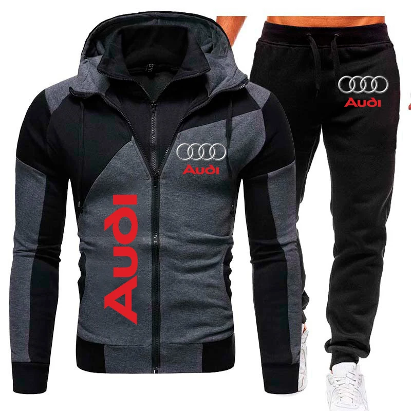 トラックスーツアウディ車のロゴプリントスポーツウェア 2 個セット暖かいフリース服フード付きトレーナーパンツスポーツスーツアウディ男性服