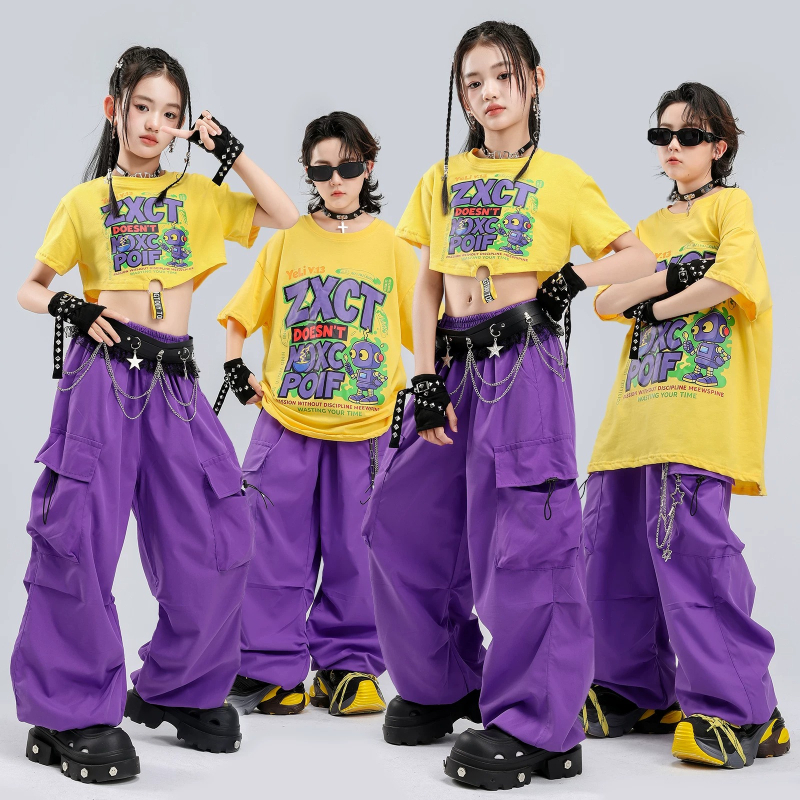 ヒップホップガールズ K-POP クロップトップストリートダンスパンツストリート衣装グループジャズチアリーダー服セットステージパフォーマンス衣装