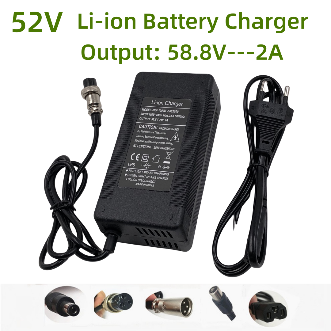 58.8V 2A 充電器、GX16-3 ピン DC5.5 XLR プラグ付き、52V リチウムイオンバッテリー入力 100-240V 用電源アダプター