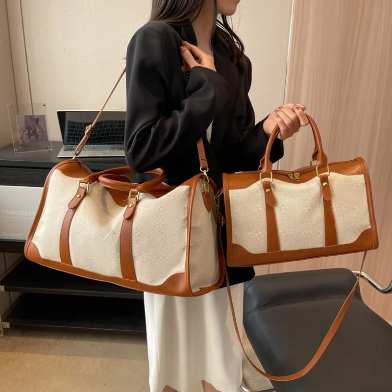 女性旅行収納ハンドバッグヴィンテージフィットネス荷物バッグシングルショルダークロスボディバッグ大型ナイロン Pu レザーバッグ 2024 ハンドバッグ