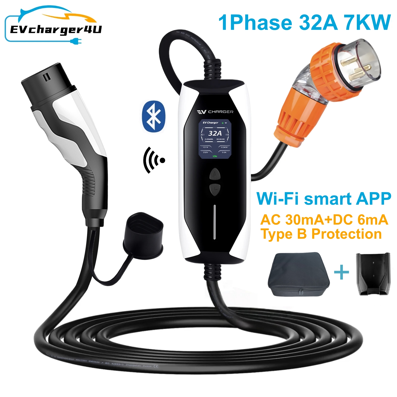 EVcharger4U AU/NZ ポータブル Type2 EV 充電器ボックス 1P 6-32A 7KW アプリ WIFI RCD タイプ B 付き モデル Y/3、BYD/MG およびその他の BEV/PHEV 用