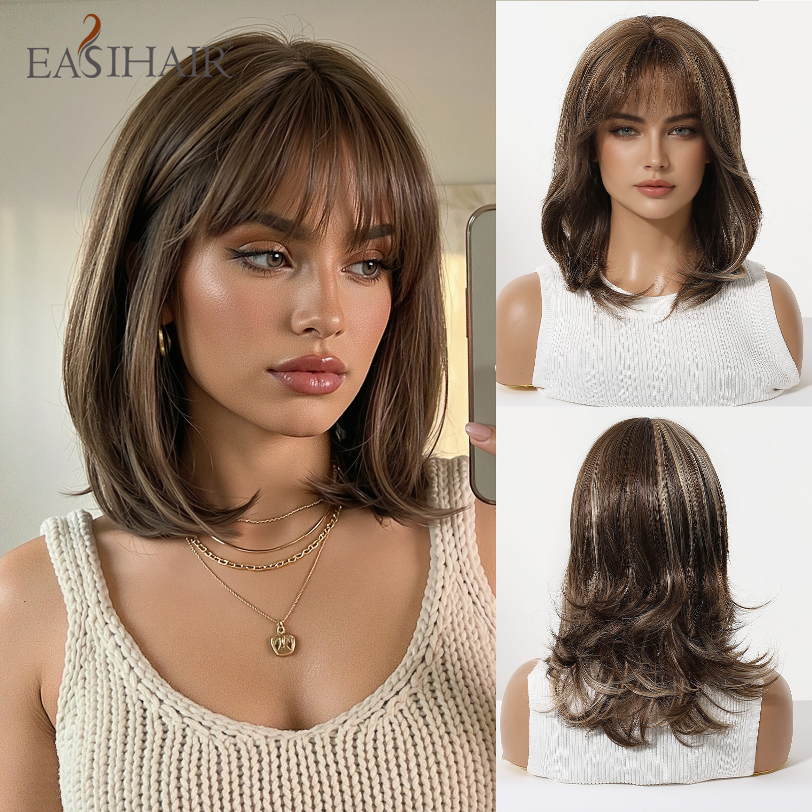 EASIHAIR ブラウンブロンドハイライトボブ合成かつら女性のためのショートストレートブラウンかつら前髪デイリーロリータ耐熱